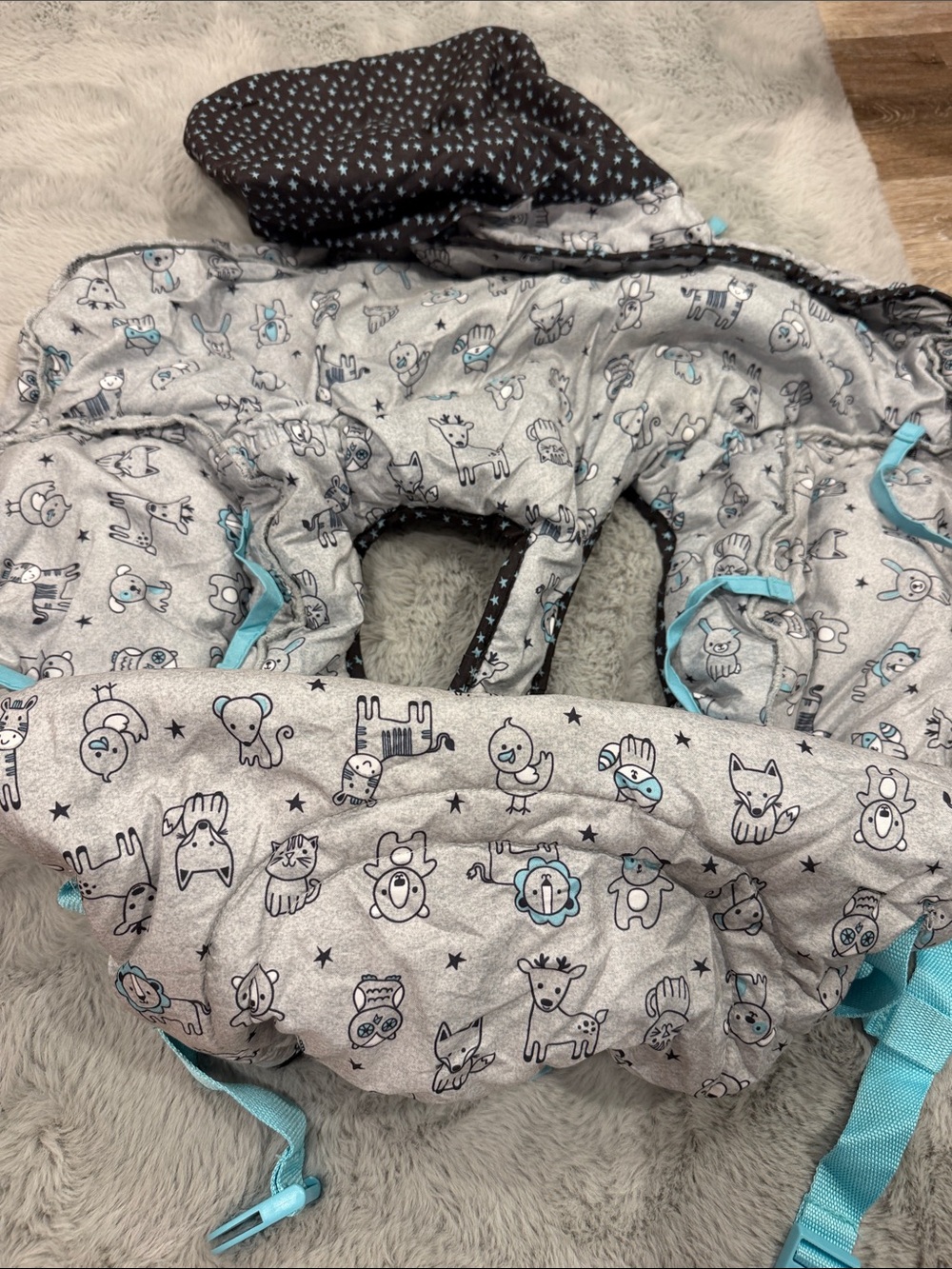 Baby Grey Animal Print Harness Cover with Teal Accents shopping cart cover